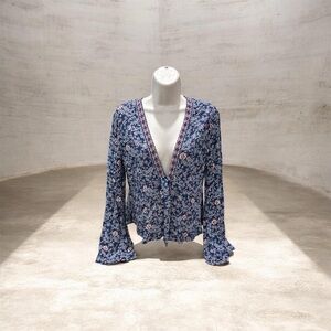 Lush Navy Floral Tie-Front V-Neck Blouse